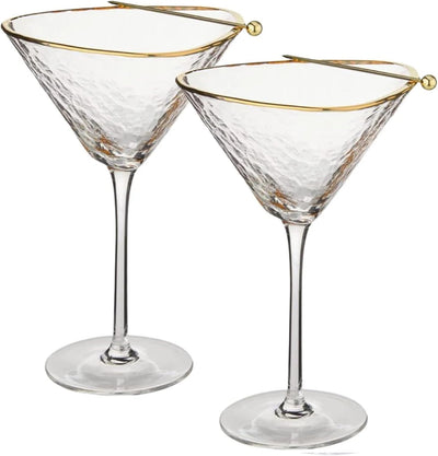 Sisterly Drinkware Clear Hammered Martini Glasses Set of 2 – Handmade Gold Rim Cocktail Glasses with 2 Gold-Plated
