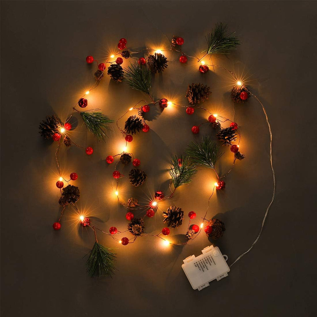 Christmas Garland with Lights, Red Berry Pine Cone 6.5FT 20 LED Garland Lights Battery Operated, led Garland String