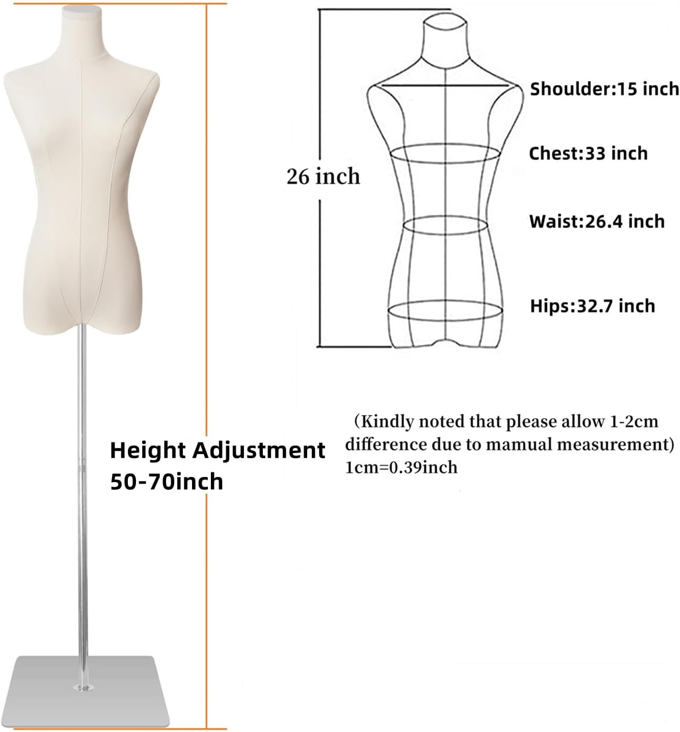 Dress Form Mannequin Body, Female Mannequin Torso with Detachable Silvery Metal Stand and Rectangular Base for