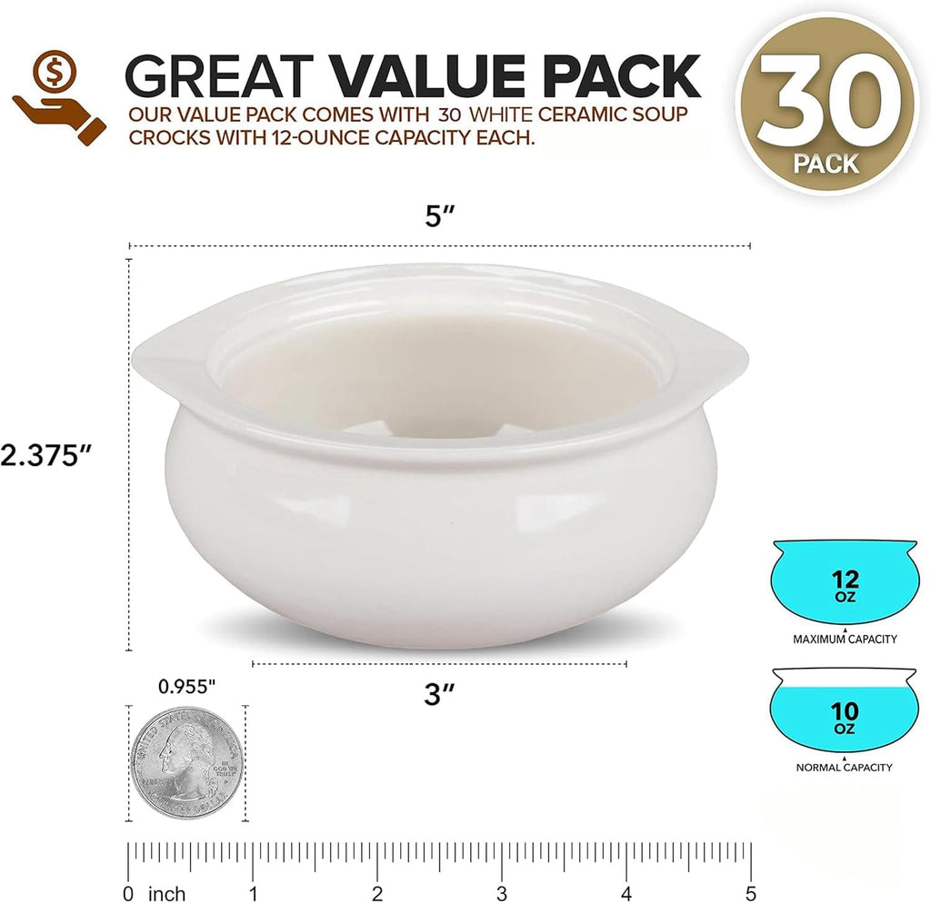 French Onion Soup Crocks 12 oz (30 Count), White Ceramic Bowls, Oven and Dishwasher Safe