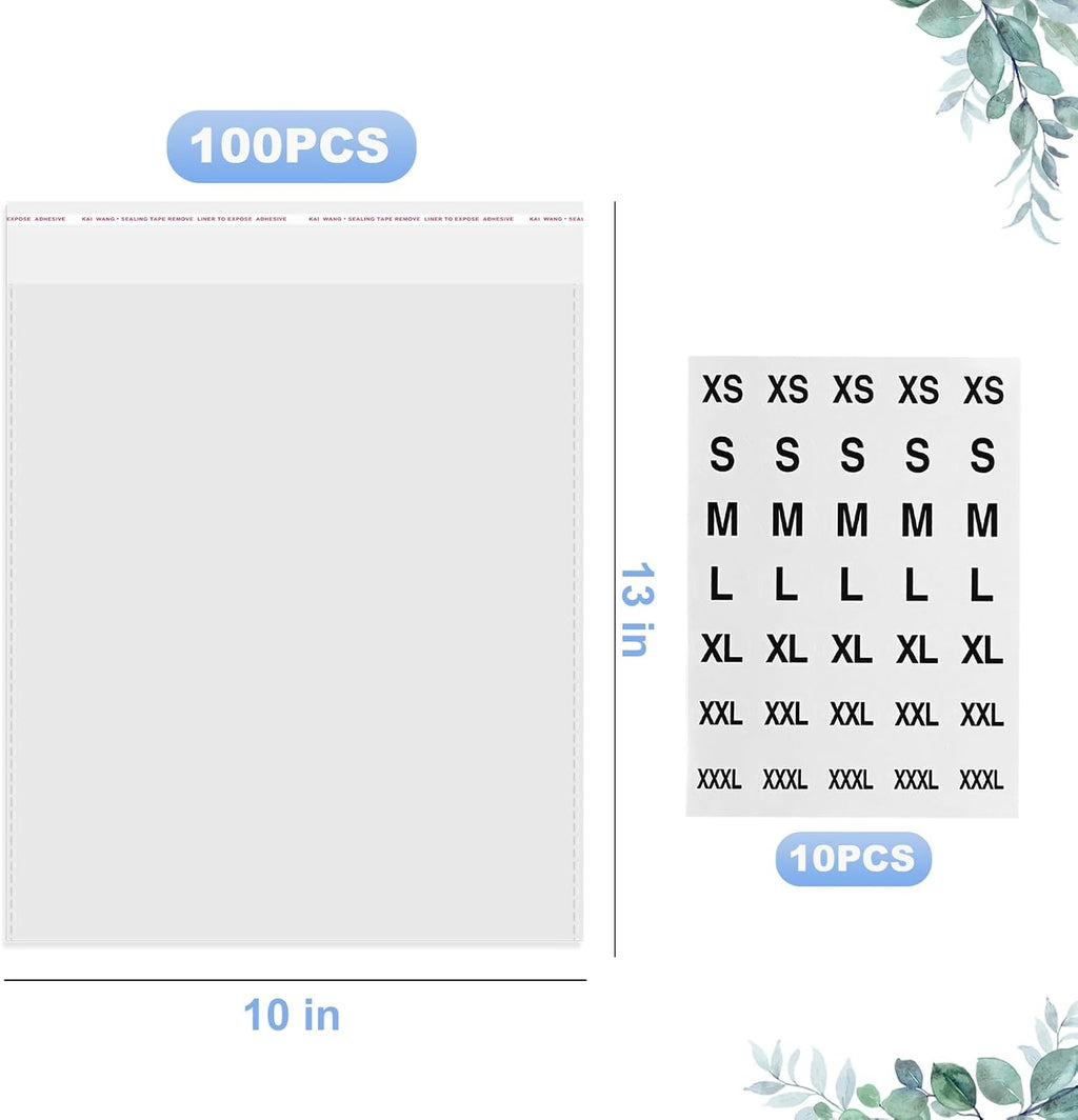100 Count Clear Poly T Shirt Bags, Cellophane Bags, Self Sealing With 10 Pcs Size Stickers(10 * 13)