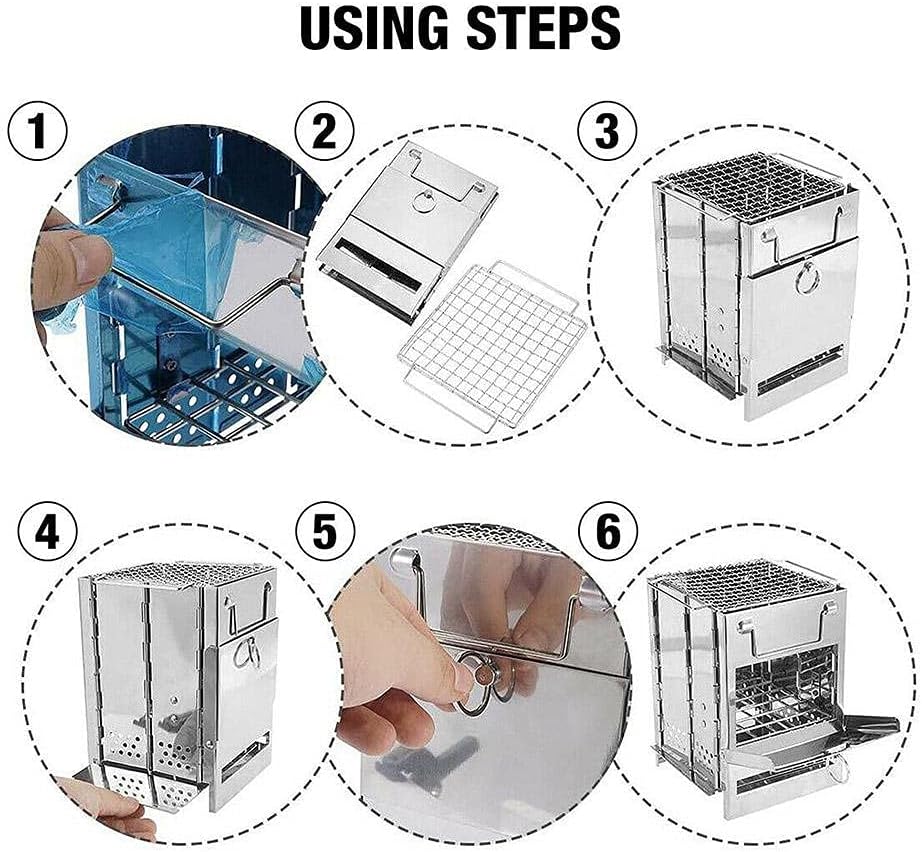 Camping Wood Burning Stove with Grill, Collapsible Backpacking Survival Rocket Stove Stainless Steel Campfire Stove