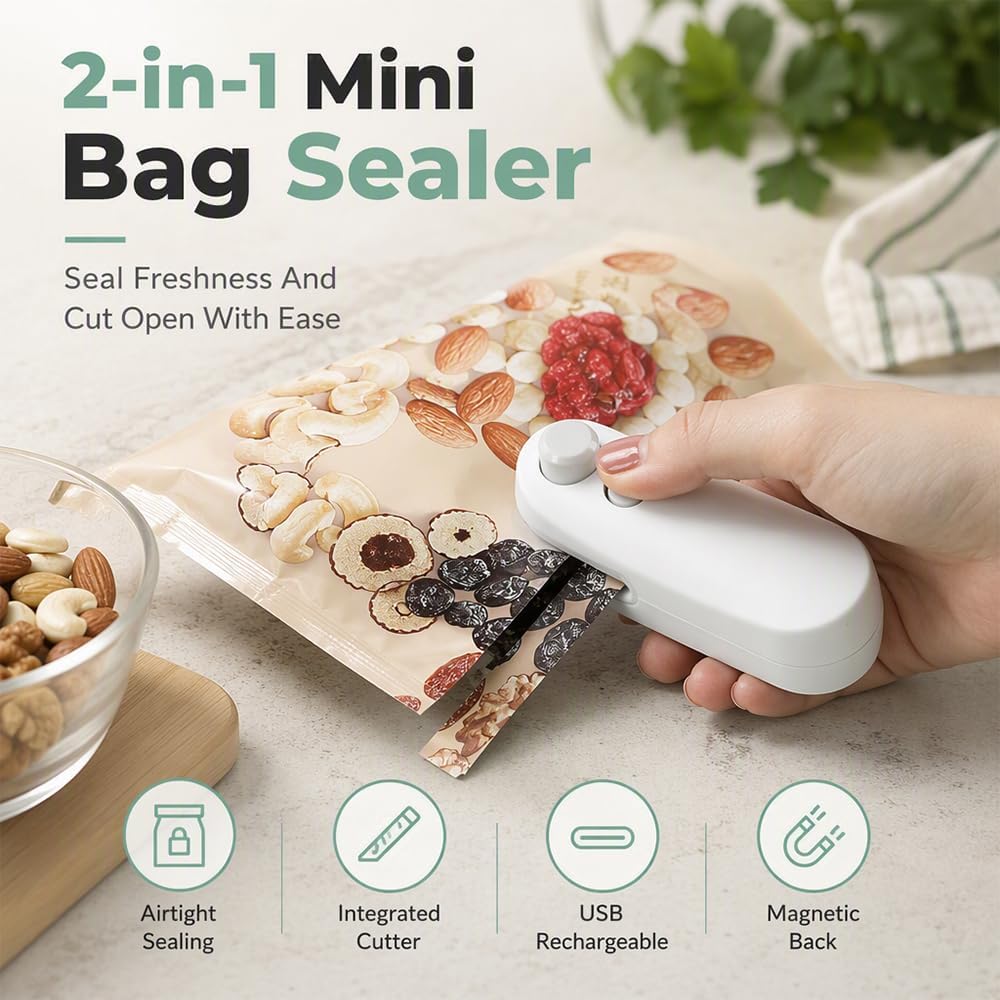 2026 New Mini Bag Sealer, 2-in-1 Chip Bag Sealer with Cutter (White,1)