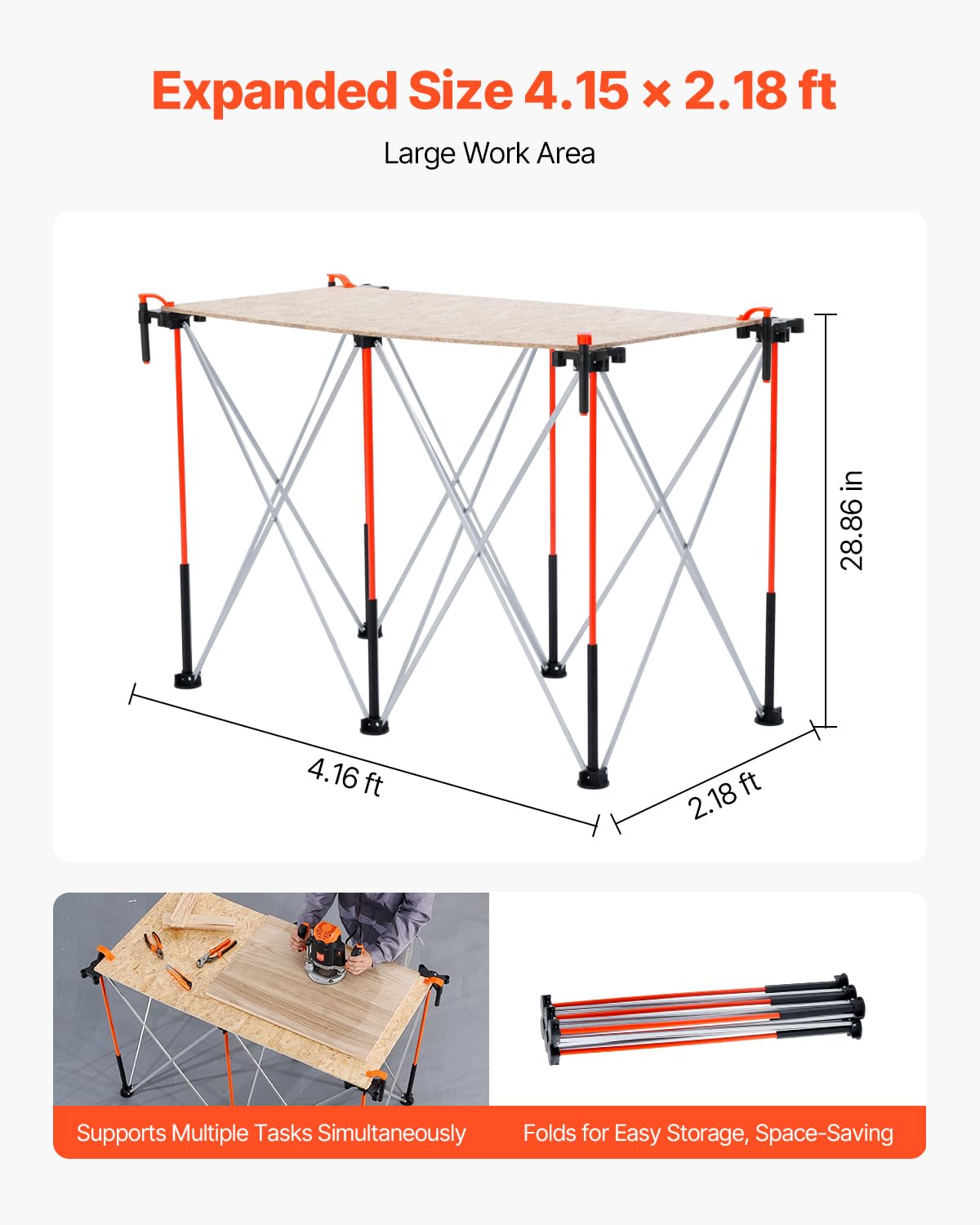Portable Folding Workstand, 4.15 x 2.18 ft Collapsible Workbench, 2500 lbs Weight Capacity, No Assembly Foldable Work