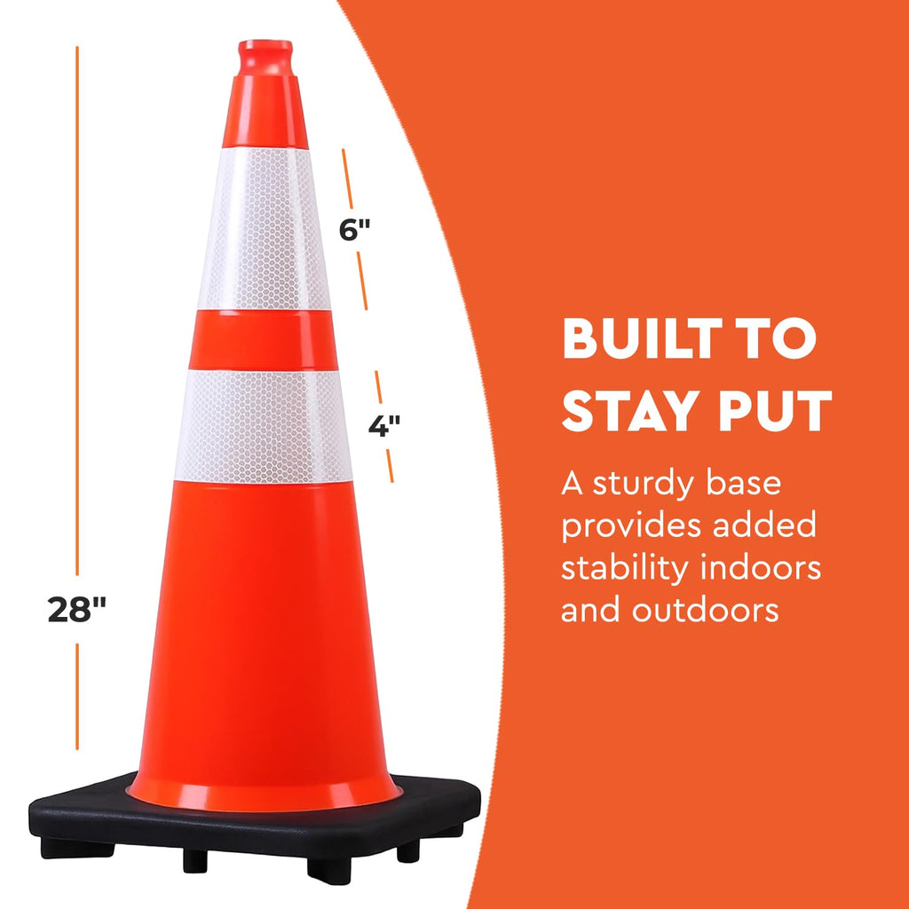Heavy-Duty Safety Cones, 28-Inch – Set of 8 Weighted, Flexible PVC Cones with Reflective Strips for Parking