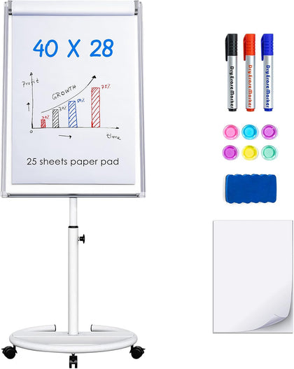 Mobile Whiteboard 40 x 28 in, Magnetic Dry Erase Easel | Portable Easel Board With Stand, Flipchart Hooks, Magnetic