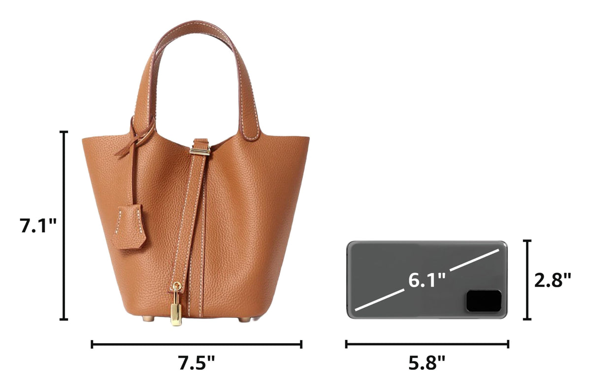 Genuine Leather Bucket Bag, Top-Handle Satchel Handbag with Lock
