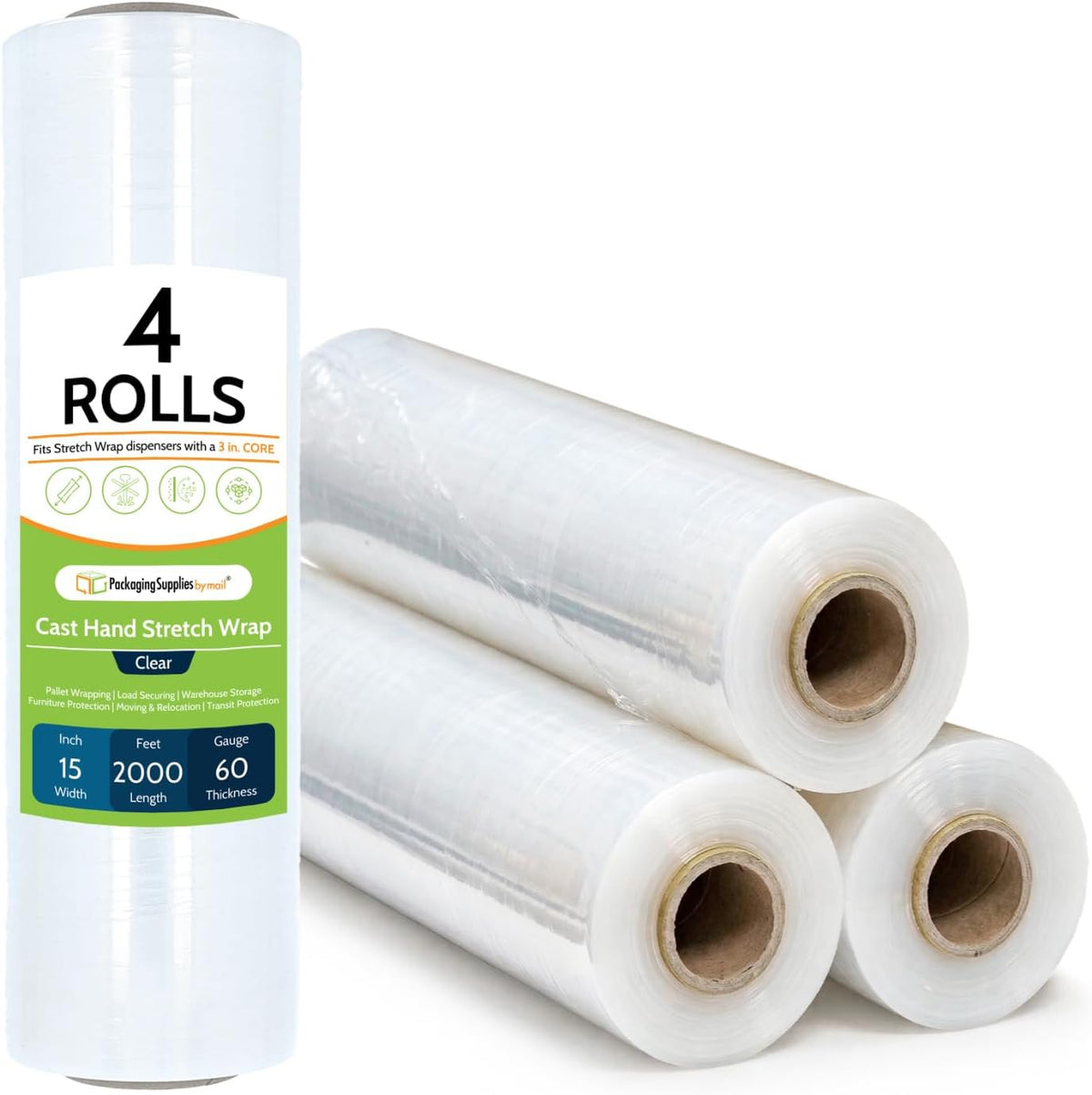 PSBM Stretch Wrap, 4 Rolls 15 Inch x 2000 Feet 60 Gauge Heavy Duty Clear Plastic Wrap Industrial Strength Shrink Film