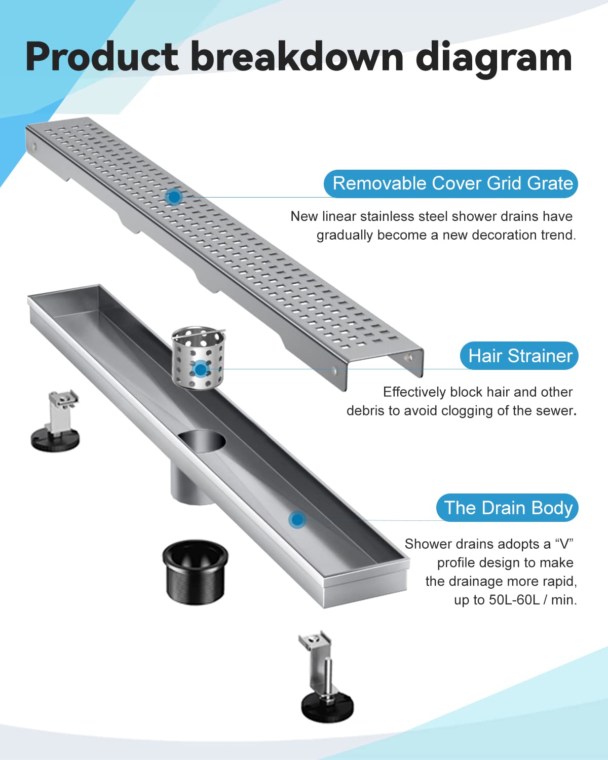 Shower Drain, Modern Linear Shower Drain 24 Inch (Brushed Nickel)