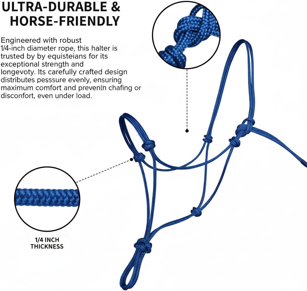 Rope Horse Halter, Braided Training Halter with Hand-Knotted Design, Multiple Sizes for Yearling, Small, Mule &