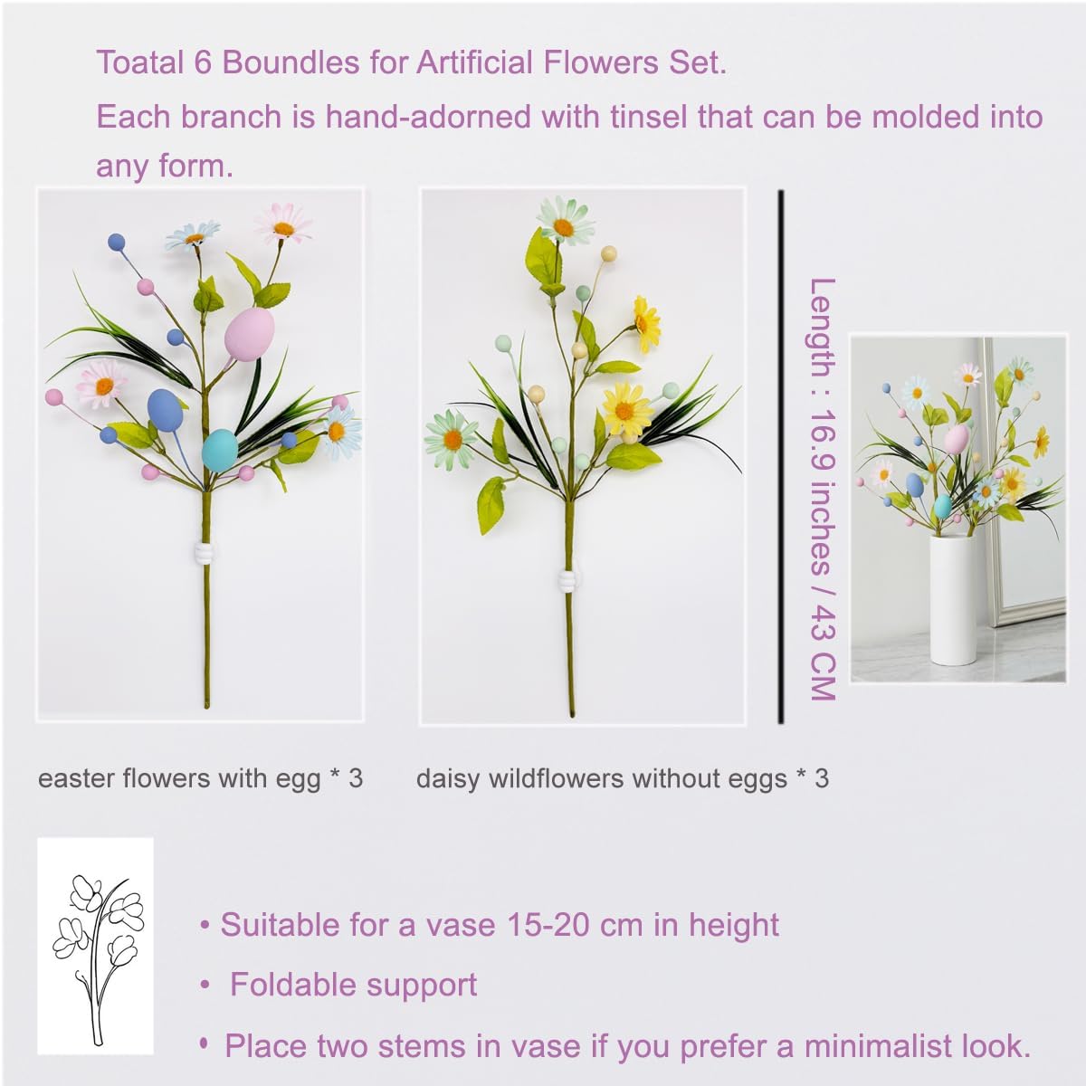 Easter Artificial Flowers with Eggs, 6 Pcs Spring Floral Arrangement | Includes Wildflowers Stems, Silk Daisies &