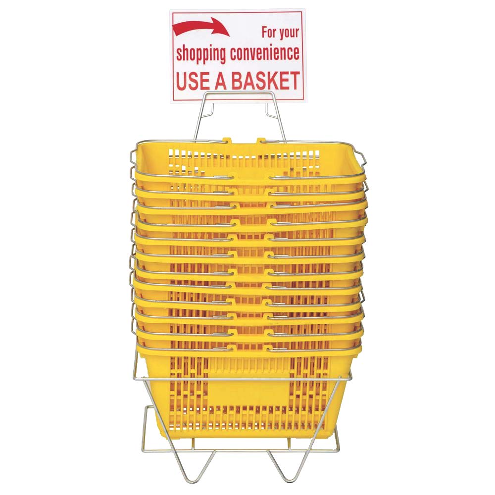 Plastic Shopping Baskets - Durable Yellow Plastic Set of Shopping Baskets with Stand and Sign - Set of 12 Plastic