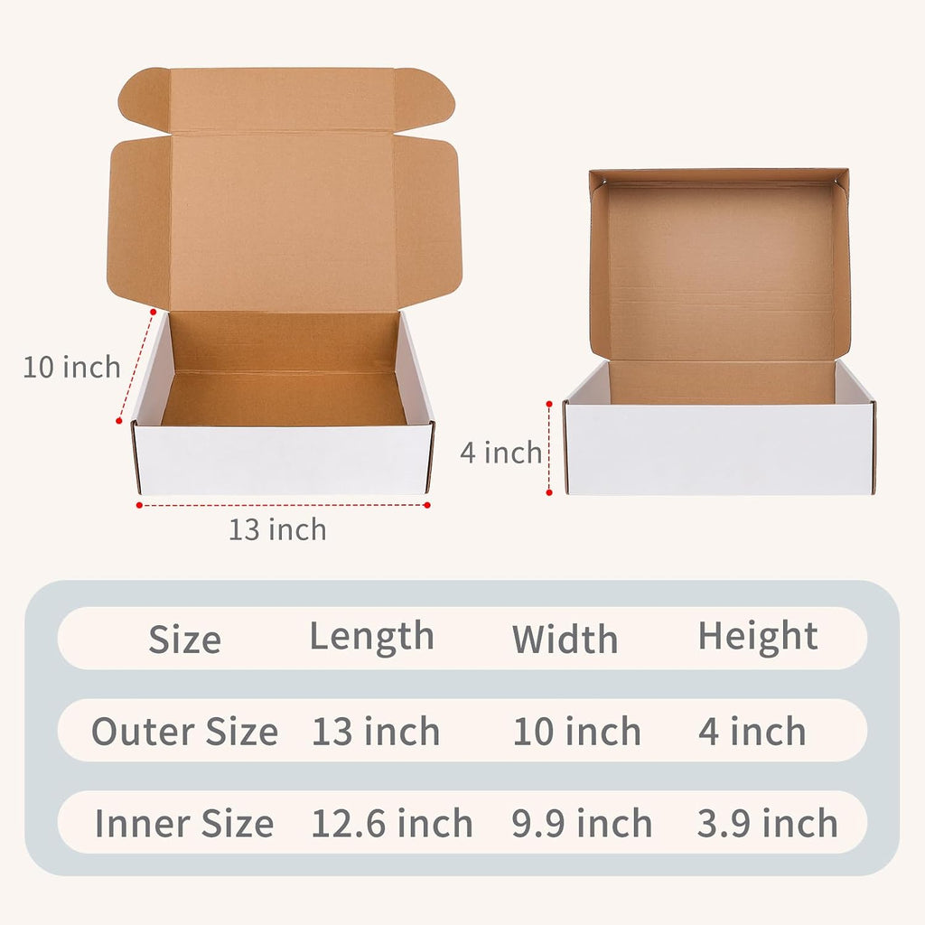 13" x 10" x 4" White Corrugated Cardboard Shipping Boxes Set of 5