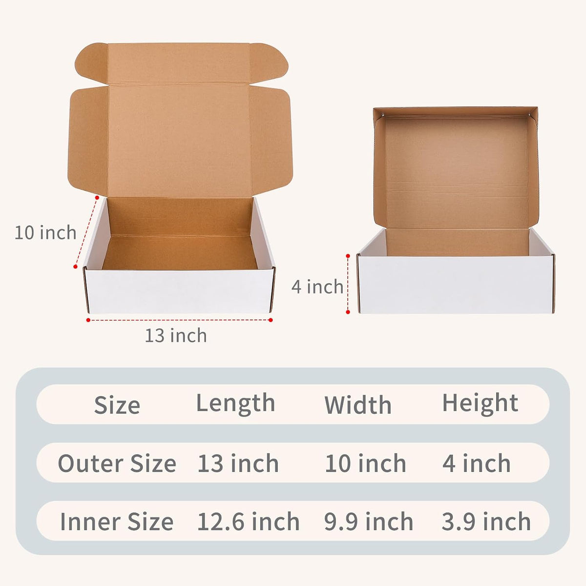13" x 10" x 4" White Corrugated Cardboard Shipping Boxes Set of 5