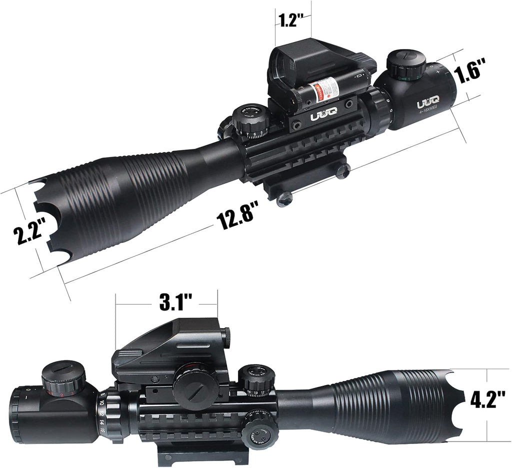 4-16x50 Tactical Rifle Scope Red/Green Illuminated Range Finder Reticle W/Laser Sight and Holographic Reflex Dot Sight