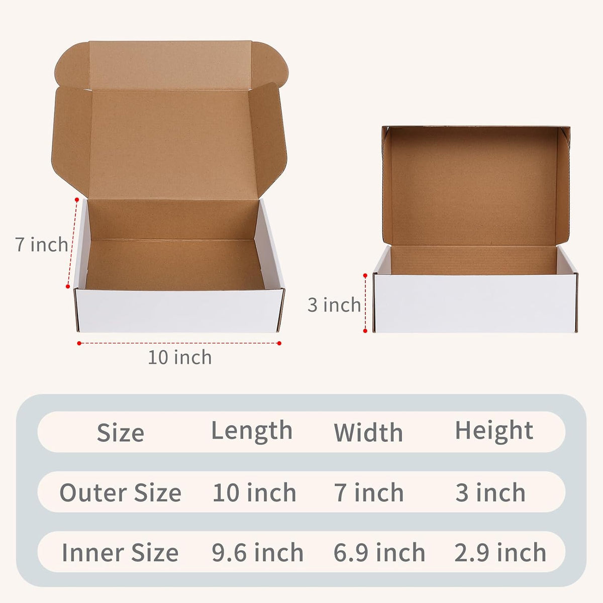 10" x 7" x 3" White Corrugated Cardboard Shipping Boxes Set of 25
