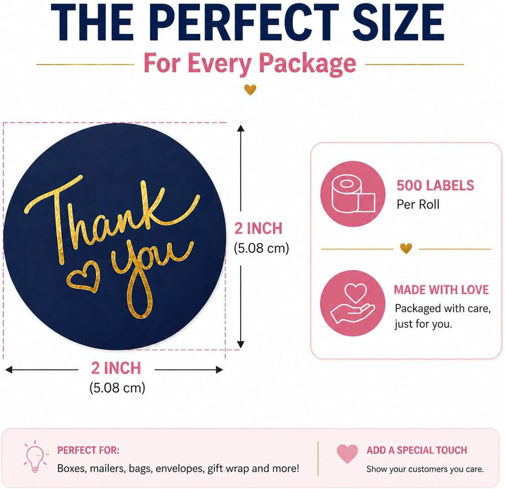 500 2 Inch Thank You Stickers, 1 Roll, Gold Foil Heart, Black White Pink