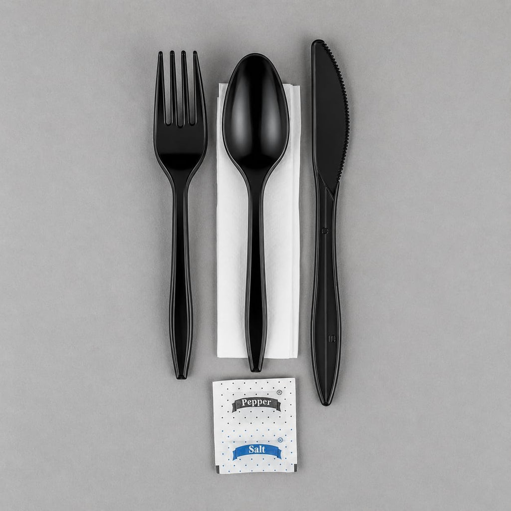 Pack Individually Wrapped Plastic Cutlery Set with Napkin, Salt and Pepper Packets Medium Weight Disposable