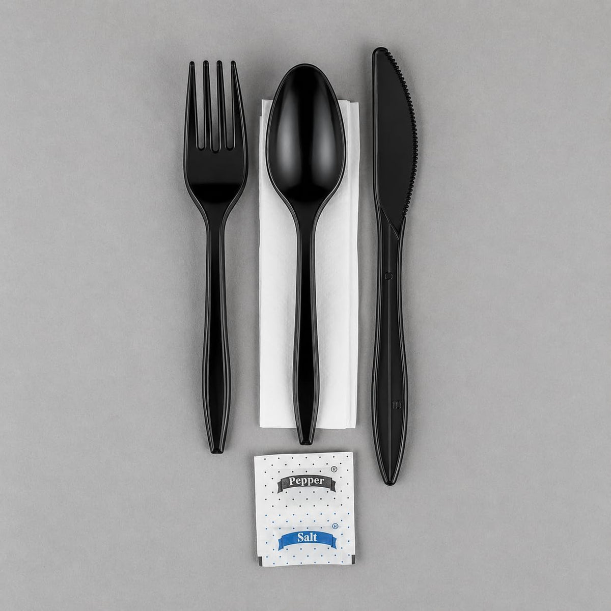 Pack Individually Wrapped Plastic Cutlery Set with Napkin, Salt and Pepper Packets Medium Weight Disposable