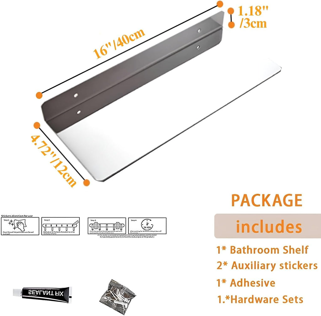 16Inch Stainless Steel Wall Mounted Floating Shelf Drilling or Shelf Adhesive Modern Room Decor Wall Shelf Floating