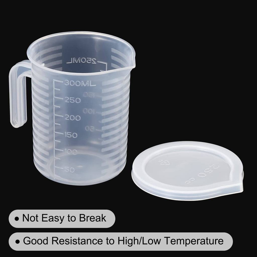 Graduated Beaker, 250ml PP Plastic Liquid Measuring Cup Double Sided Graduations with Handle Lid and Spout for Lab