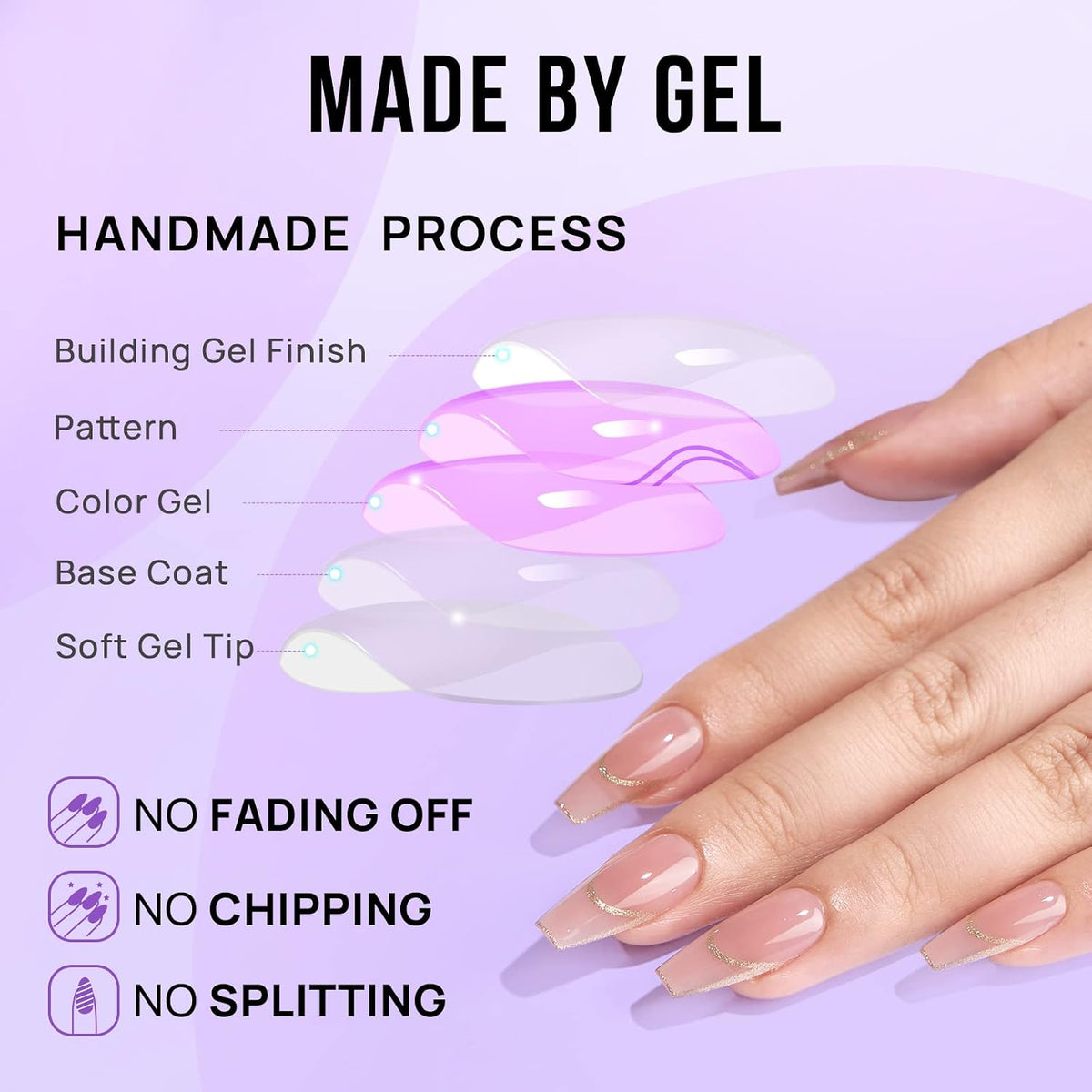 Press On Nails, Long Coffin French Tip Nails, 32 Pcs Full Kit