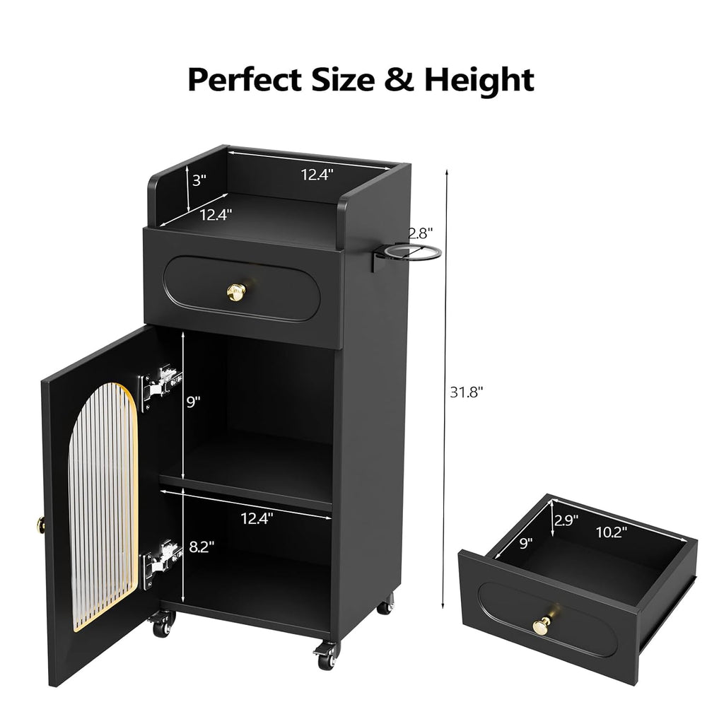 Salon Cart with Wheels, 3-Tier Rolling Beauty Cart with Glass Door & Dryer Holder, Mobile Hair Styling Station for
