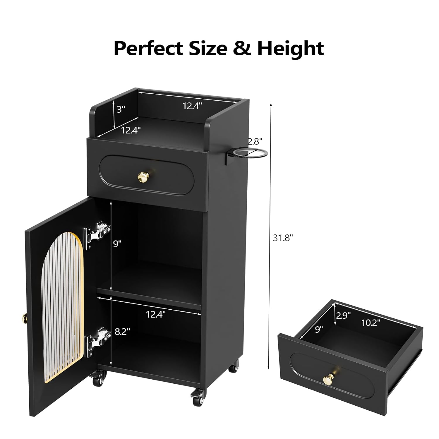 Salon Cart with Wheels, 3-Tier Rolling Beauty Cart with Glass Door & Dryer Holder, Mobile Hair Styling Station for