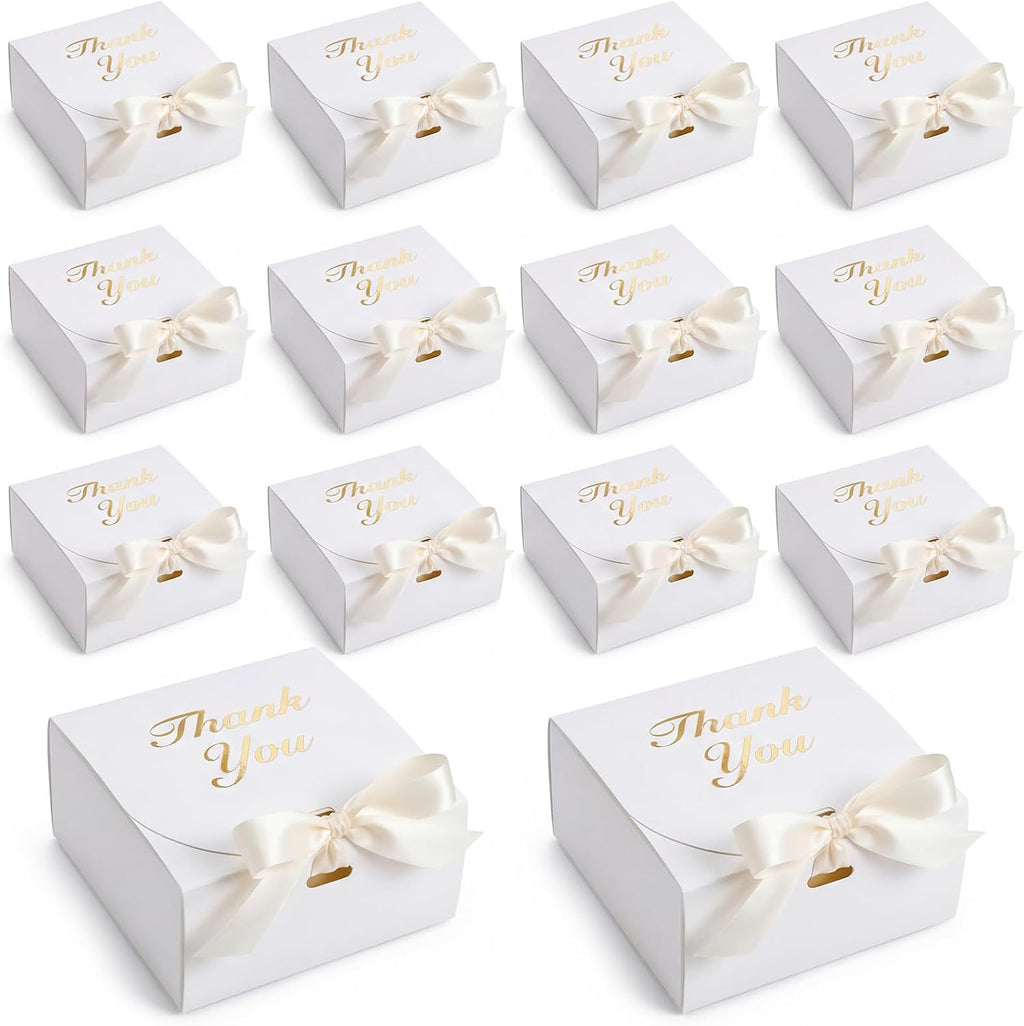20PCS Thank You Gift Boxes, 4.5x4.5x1.9 Inches Mini Party Favor Boxes White Treat Bags with Bow Ribbon for Wedding