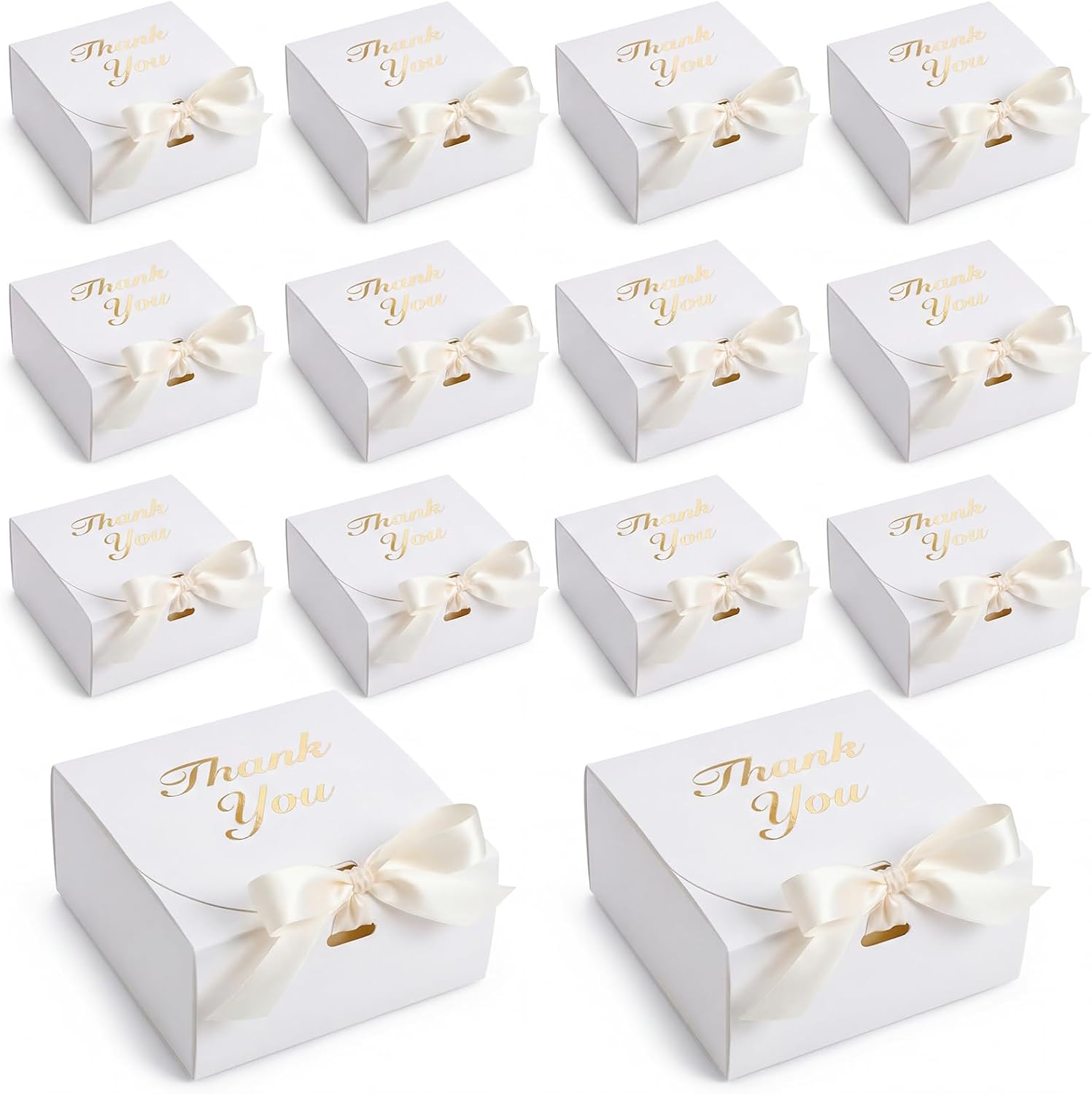 20PCS Thank You Gift Boxes, 4.5x4.5x1.9 Inches Mini Party Favor Boxes White Treat Bags with Bow Ribbon for Wedding