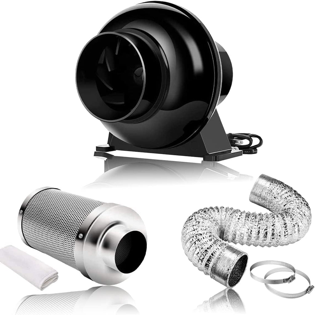 Ventilation Kit, 4 Inch Inline Fan 200 CFM Exhaust Blower, 4 Inch Carbon Fiber Filter Exhaust Fan Combo with 8 Feet
