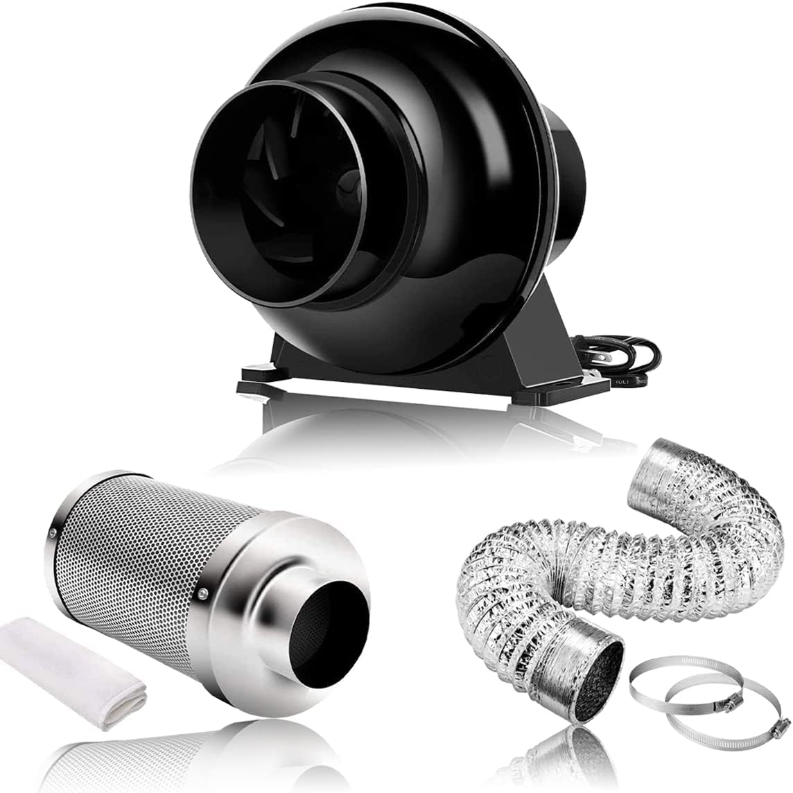 Ventilation Kit, 4 Inch Inline Fan 200 CFM Exhaust Blower, 4 Inch Carbon Fiber Filter Exhaust Fan Combo with 8 Feet