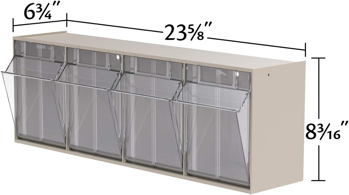 TiltView Plastic Storage Cabinet with 4 Tilt Out Bins, Horizontal Plastic Parts Organizer, Teacher Toolbox, and