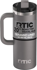20oz Road Trip Travel Mug with Lid and Handle, Ceramic Lined, Insulated, Stainless Steel, Metal, Double Wall