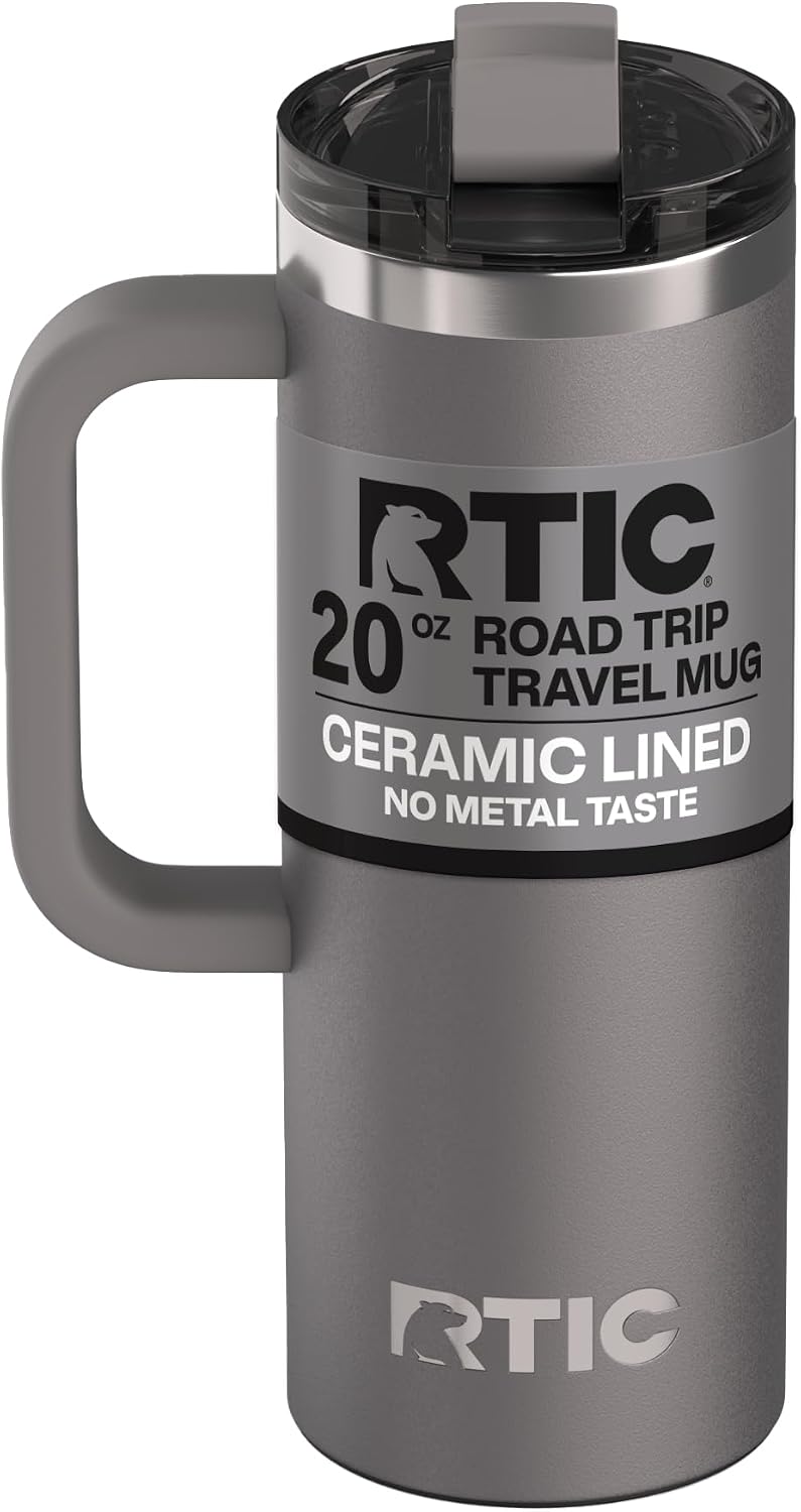 20oz Road Trip Travel Mug with Lid and Handle, Ceramic Lined, Insulated, Stainless Steel, Metal, Double Wall