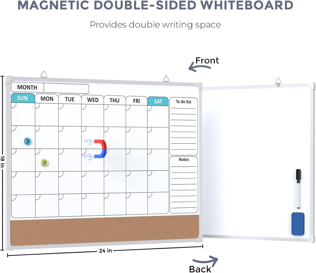 Monthly Calendar Whiteboard for Wall, 24" x 18" Double-Sided White Board Calendar with Bulletin Board, Dry Erase Cork