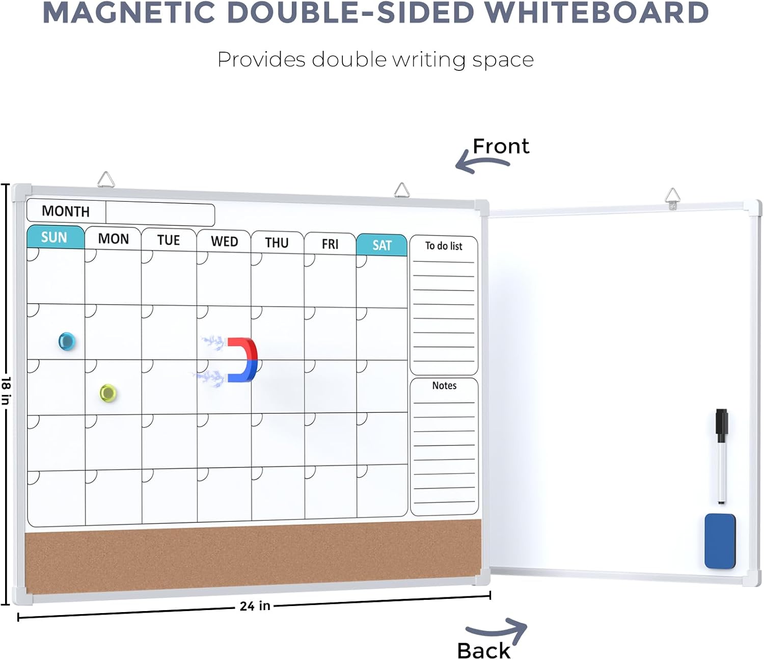 Monthly Calendar Whiteboard for Wall, 24" x 18" Double-Sided White Board Calendar with Bulletin Board, Dry Erase Cork