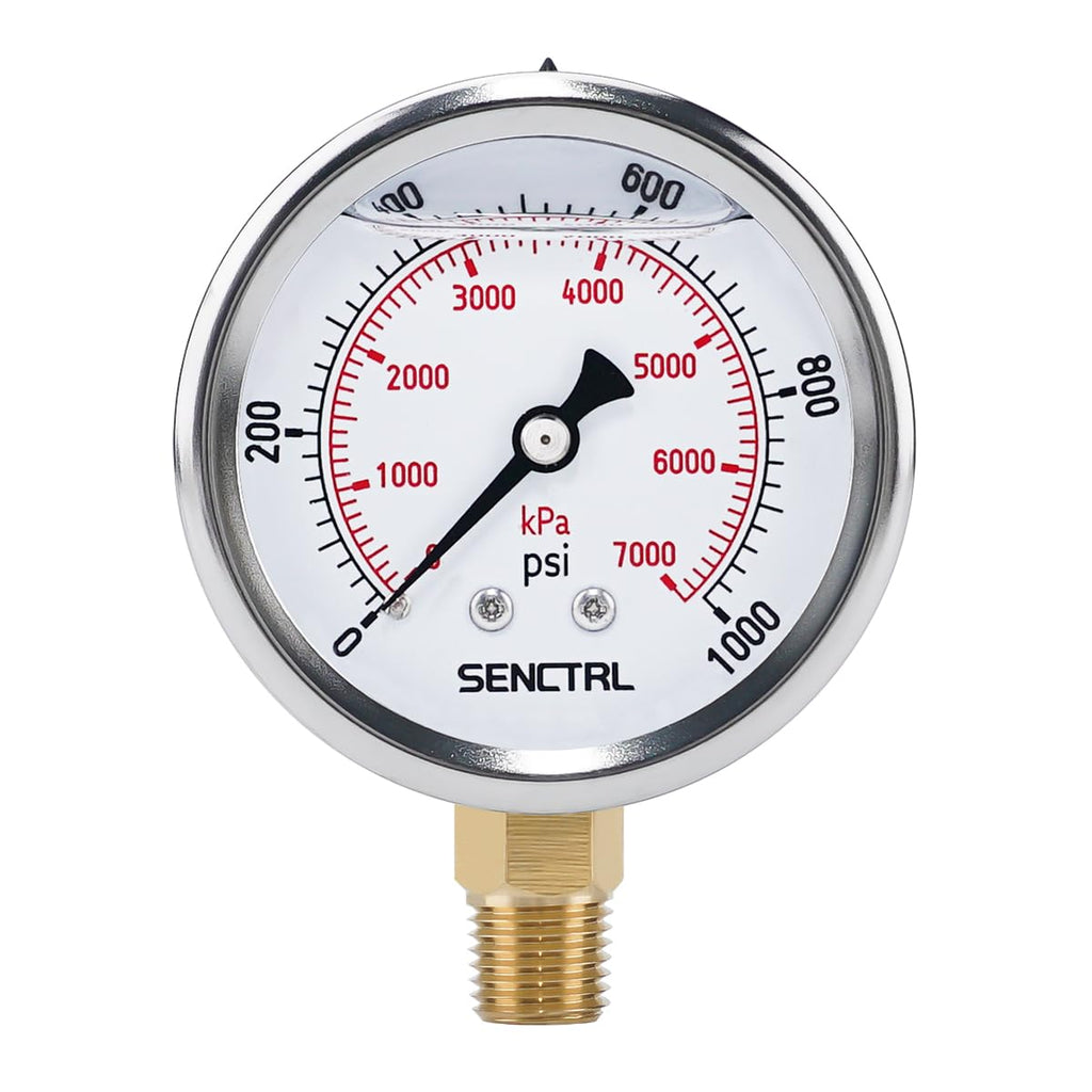 SENCTRL 0-1000 Psi Liquid Filled Pressure Gauge, 1/4" NPT Lower Mount