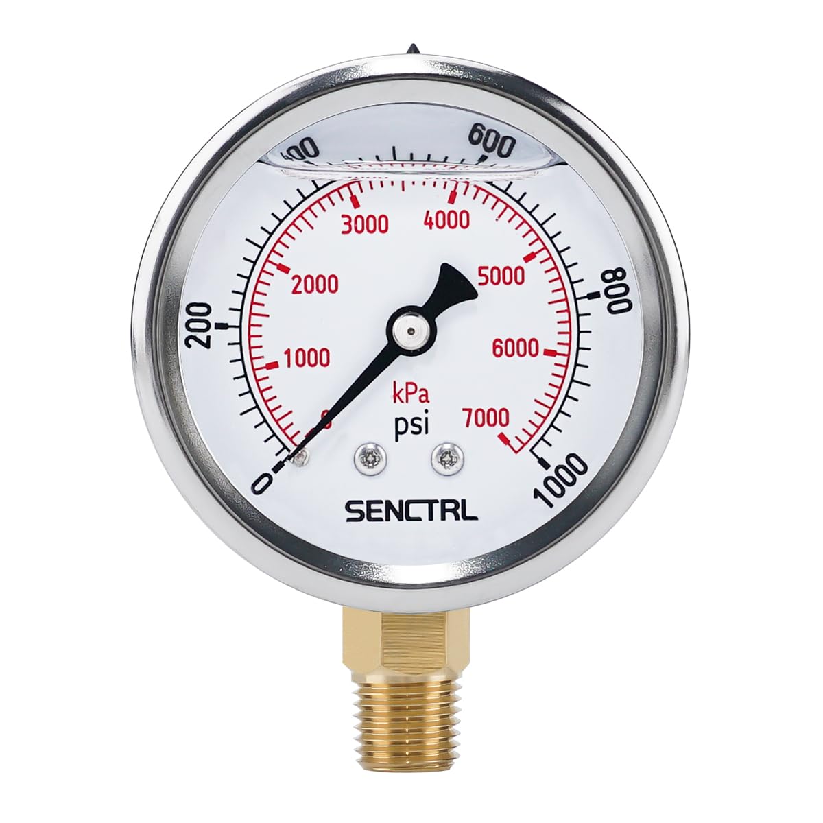 SENCTRL 0-1000 Psi Liquid Filled Pressure Gauge, 1/4" NPT Lower Mount