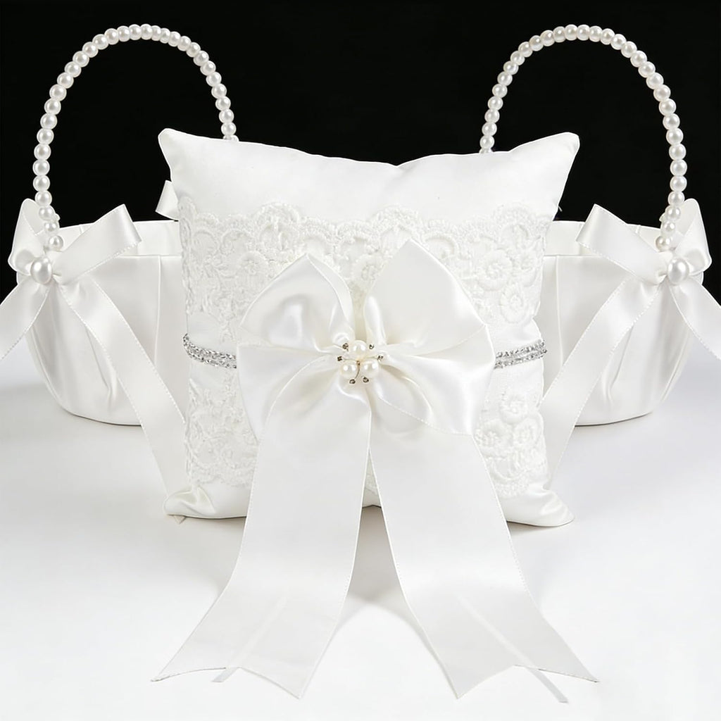 2 Flower Girl Baskets and Ring Bearer Pillows Set, Pearl Handle,Ivory Fariy