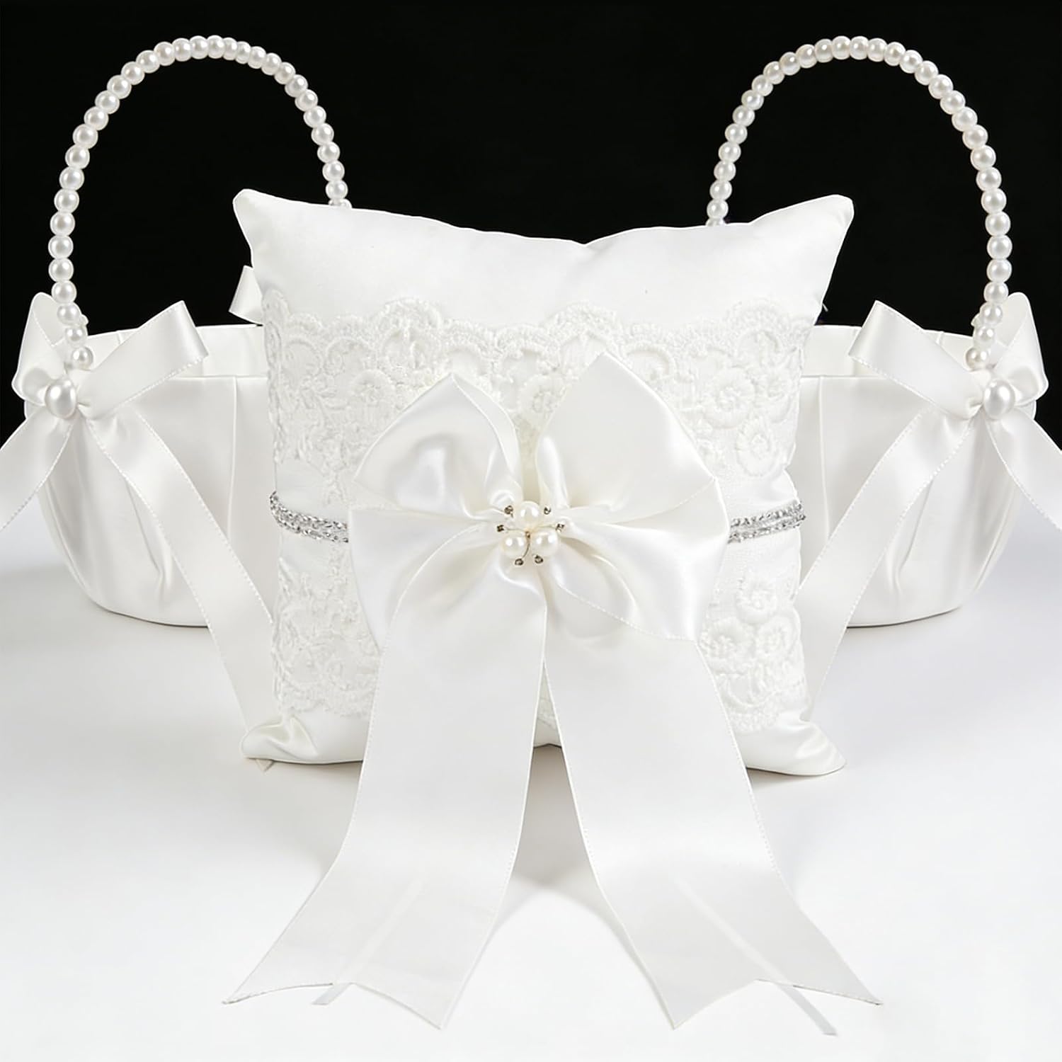 2 Flower Girl Baskets and Ring Bearer Pillows Set, Pearl Handle,Ivory Fariy