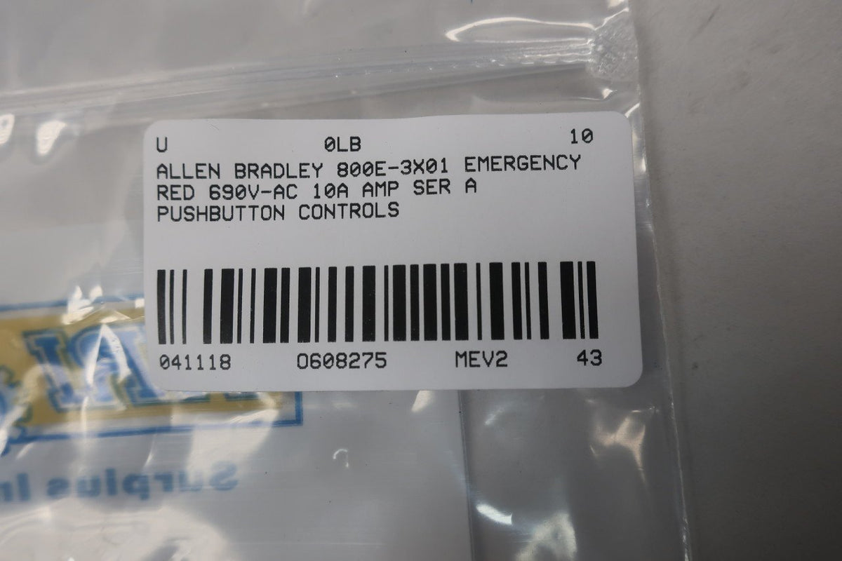 ALLEN BRADLEY 800E-3X01 RED EMERGENCY STOP PUSHBUTTON SER A D608275