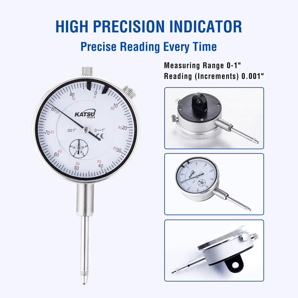 KATSU Tools Dial Indicator with Magnetic Base and 22 Pieces Indicator Points Set, 0-1.0" Tester Gauge, 0.001" Precision, Fine Adjustment, Measuring Toolkit in Storage Case 401111