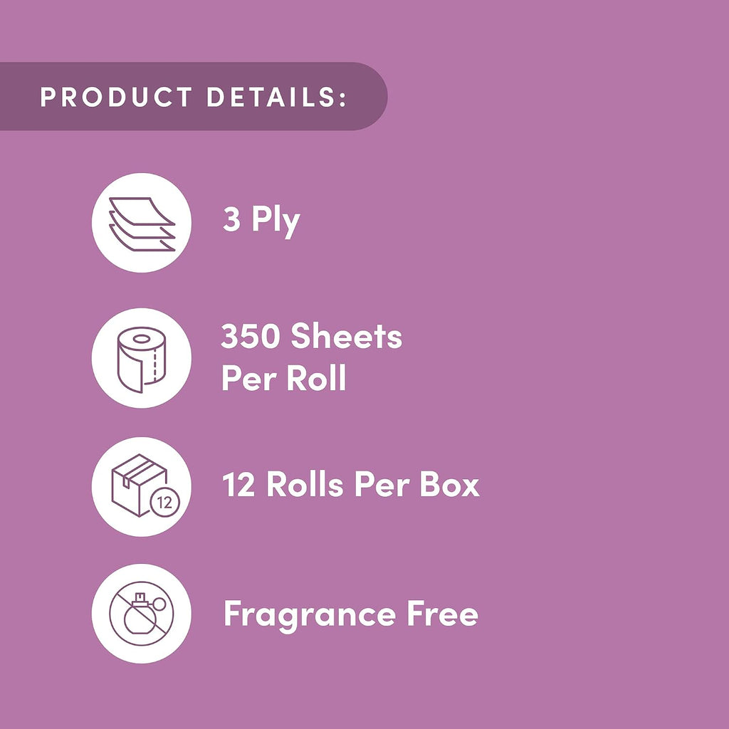 3-ply Bamboo Toilet Paper, Unscented, 12 Rolls, 350 Sheets per roll, Total 4200 Sheets, Plastic-Free