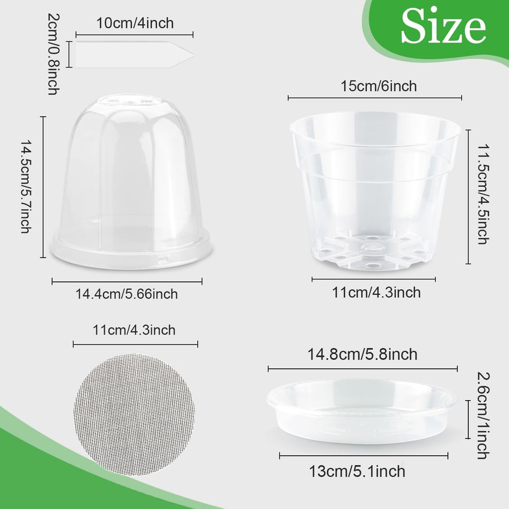 6 Inch Clear Nursery Pots with Humidity Domes 15 Pack, Transparent Plastic Plant Pot with Drainage Holes and Saucers