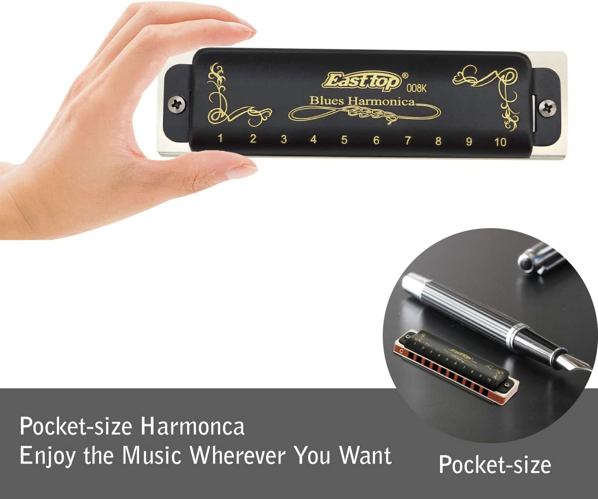 Harmonica Key of C 10 Holes 20 Tones 008K Mouth Organ with Black Cover, Top Grade Harmonica for Adults, Professionals