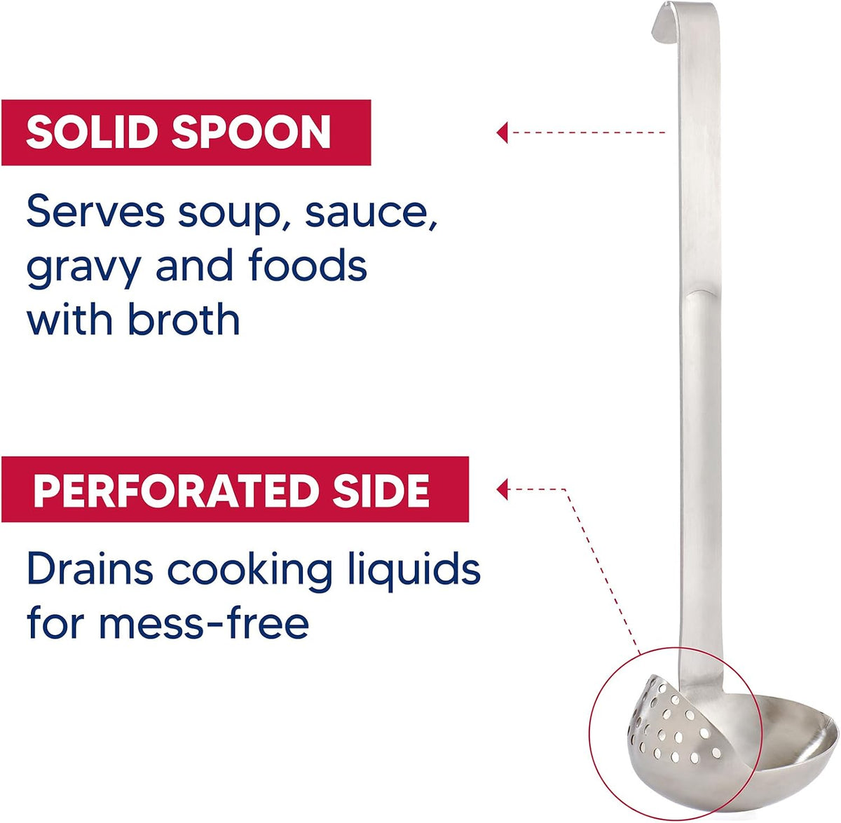 Oval Straining Ladle with Spout, 18/8 Stainless Steel, Stir, Scoop, Strain, Drain, and Serve, 3-Ounce Capacity