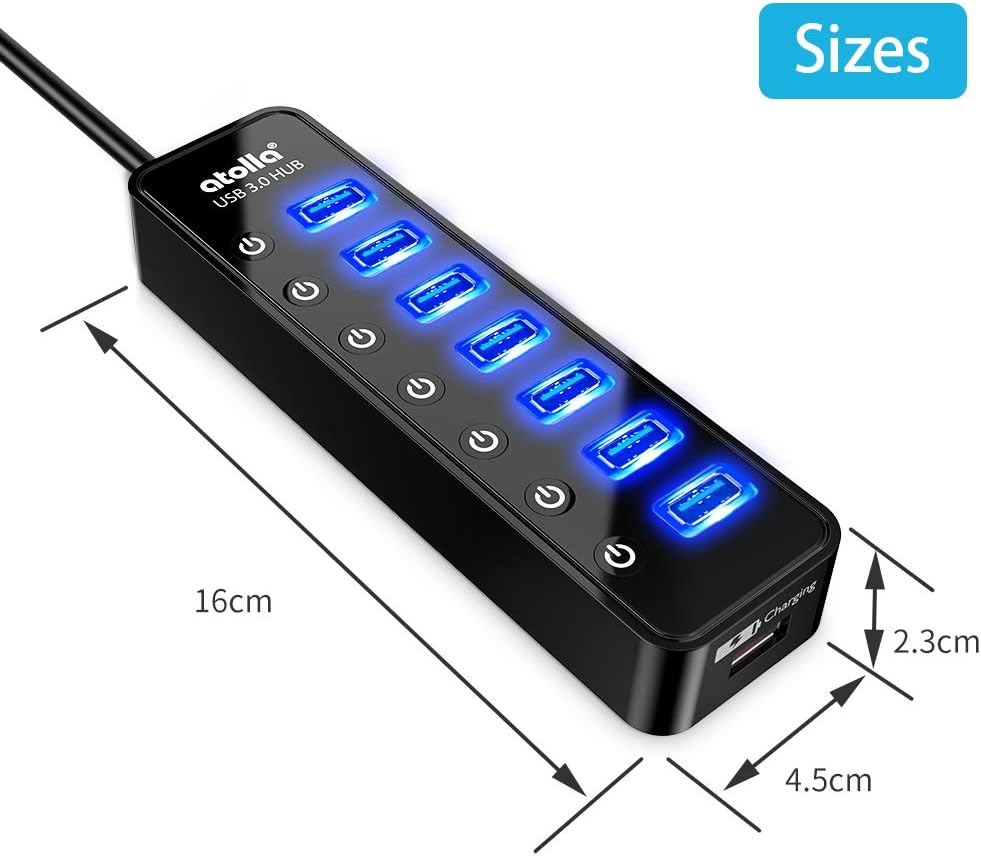 Powered USB Hub 3.0, Atolla 7-Port USB Data Hub Splitter with One Smart Charging Port and Individual On/Off Switches