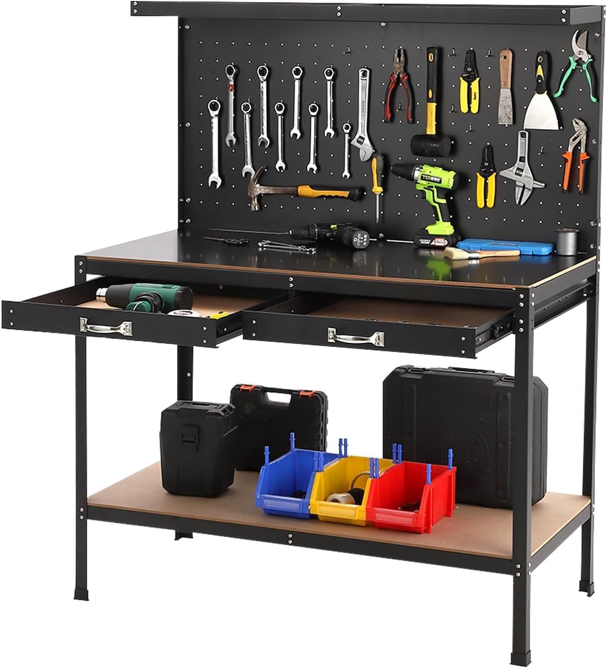 48" 2-Tier Garage Workbench, Heavy-Duty Cold-Rolled Steel Work Table with Back Panel, Lower Storage Shelf, Black Tool