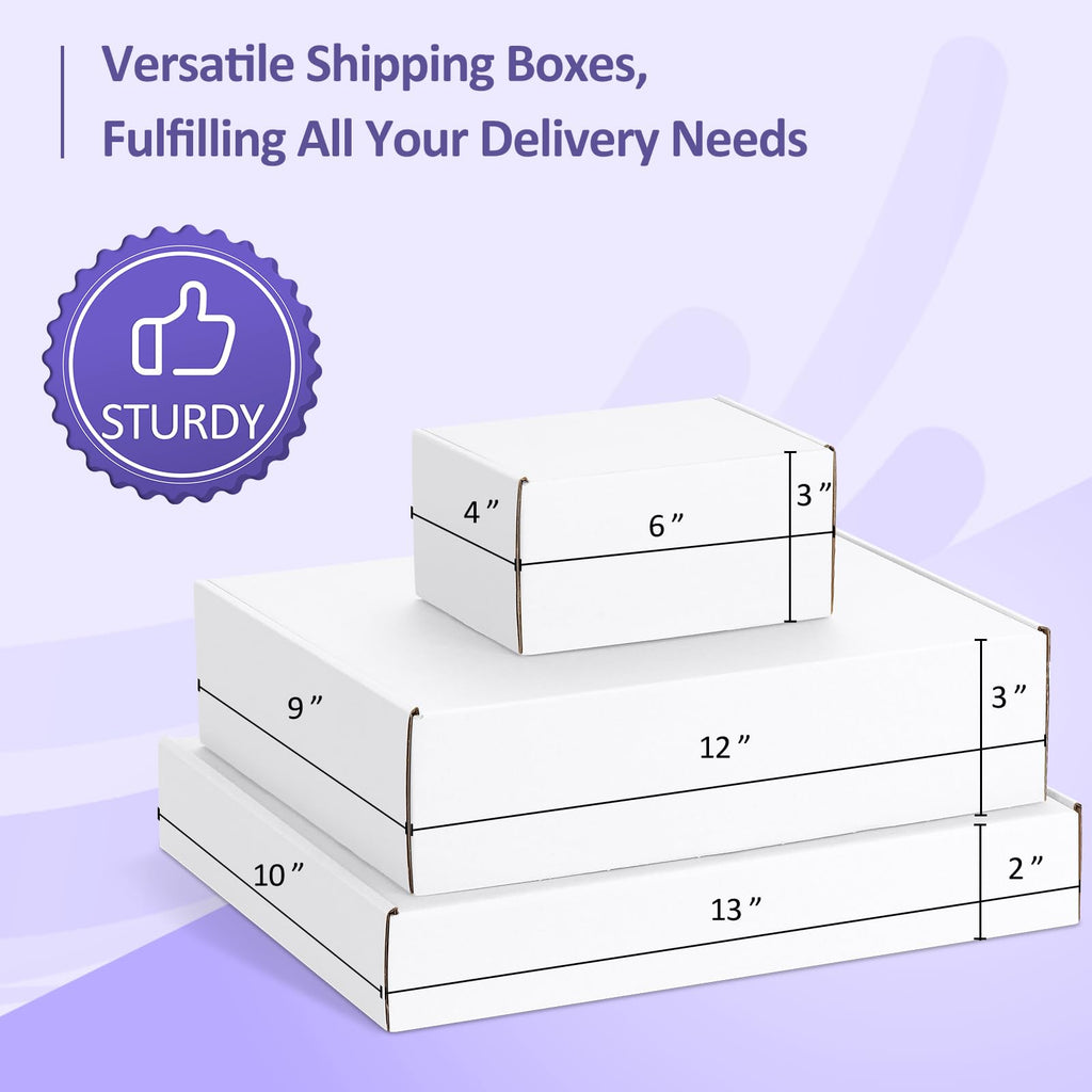 18 Pack Small Shipping Boxes Assorted Sizes, 6x4x3, 12x9x3, 13x10x2-6 PCS Each Small Boxes, White Corrugated Box